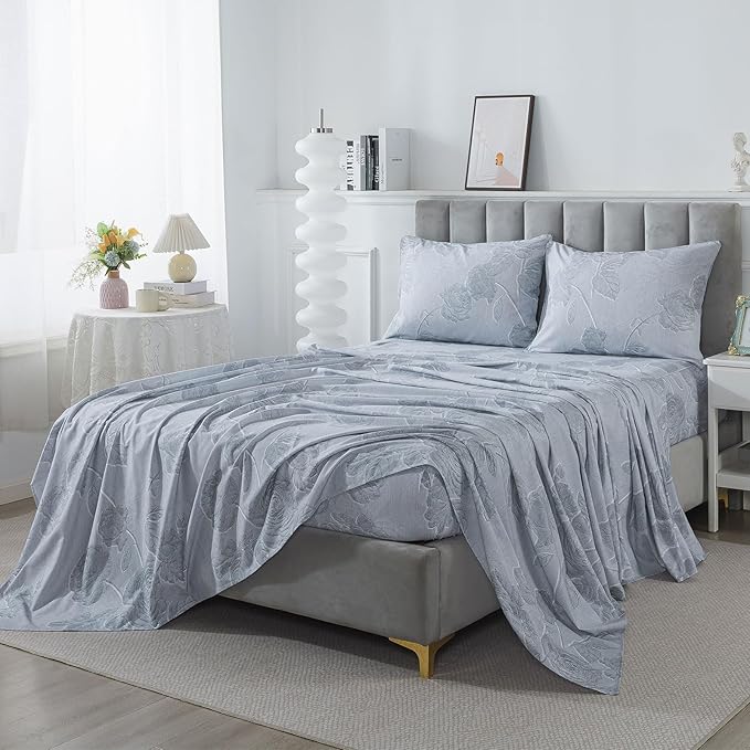 FADFAY Grey Vintage Floral Queen Size Sheets Set 100% Brushed Cotton Shabby Rose Flower Pattern Bedding Set Deep Pocket Sheets with 2 Pillowcases Luxury Breathable Soft 4pcs, Queen Size