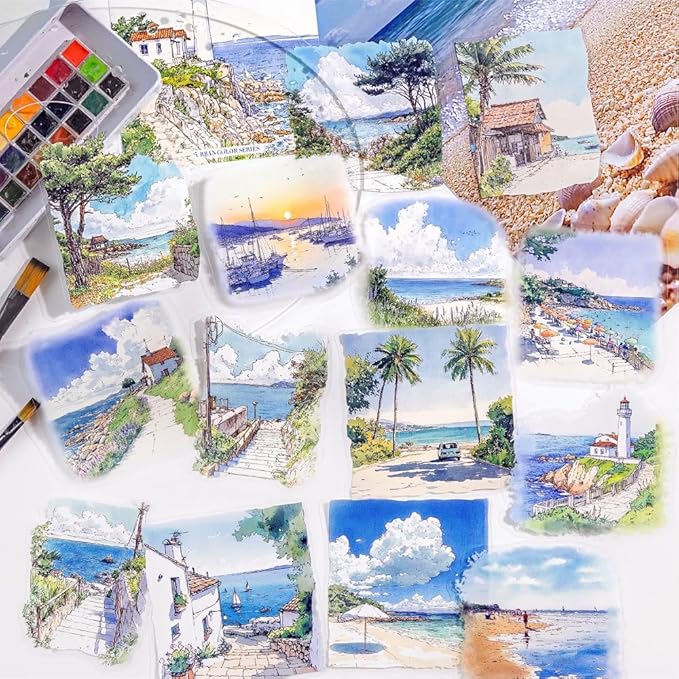 Dwpetzo 90 Pieces Large Seasons Scenery Stickers for Journaling, Watercolor Sylte Transparent PET Stickers for Scrapbooking, Junk Journal Supplies, Collage, Scrap Book, DIY Crafts Arts
