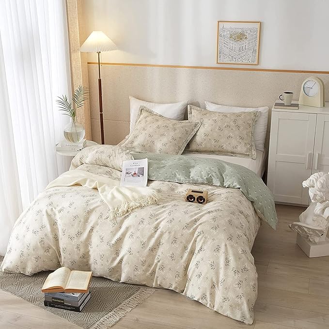 LifeTB Boho Floral Duvet Cover Twin XL Cotton Aesthetic Floral Bedding Sets Vintage Garden Floral Comforter Cover Beige Sage Green Floral Botanical Duvet Cover with Zipper Closure 4 Ties