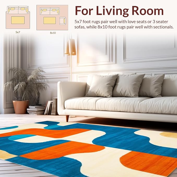Flatwoven High Traffic Area Rug 8x10, Mid Century Motif Mastery, Non Slip, Stain Resistant, Washable Area Rugs for Living Room, Bedroom (Blue, 8x10)