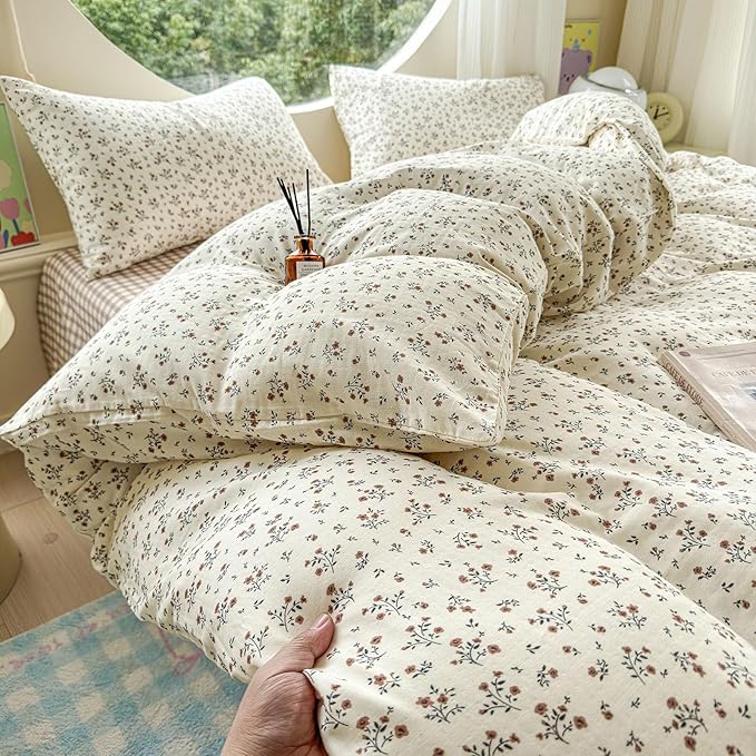 LifeTB 100% Cotton Muslin Duvet Cover Twin Size Vintage Botanical Floral Duvet Cover Ultra Soft Flower Comforter Cover Lightweight Soft Breathable Gauze Bedding Comforter Cover with 2 Pillowcases
