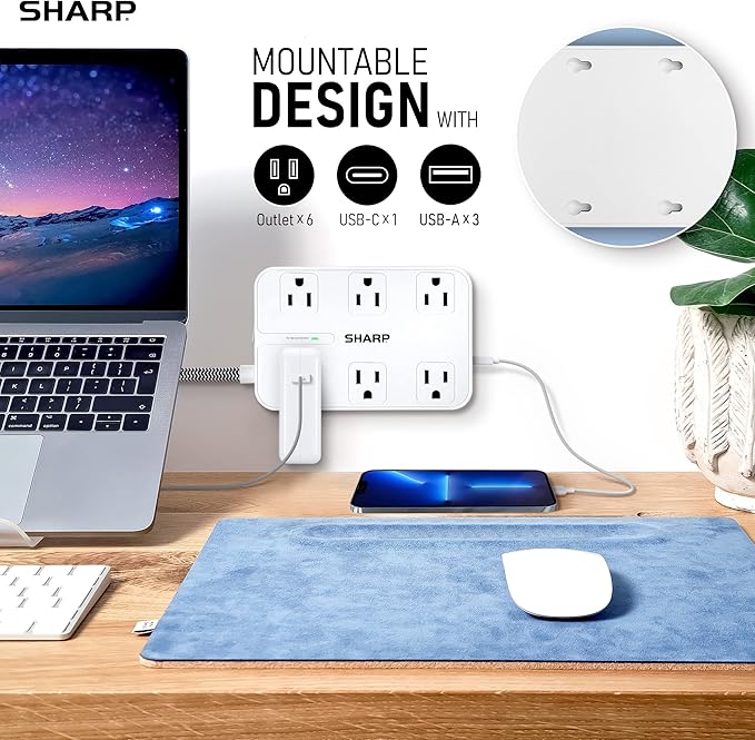 SHARP Surge Protector Power Strip - 6 Widely Spaced Outlets with 4 USB Fast Charge USB Charging Ports (3 USB-A and 1 USB Type-C), Flat Wall-Hugger Plug and 6 ft. Braided Cord, White