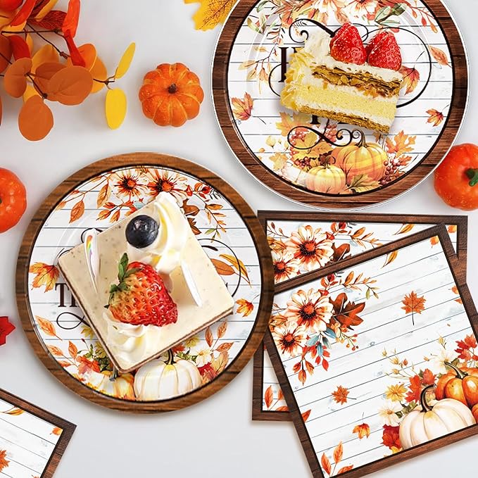 48Pcs Thanksgiving Day Birthday Party Decorations for 24 Guests - Fall Pumpkin Autumn Thanksgiving Day Supplies Plates and Napkins for Baby Shower Birthday Party Decorations