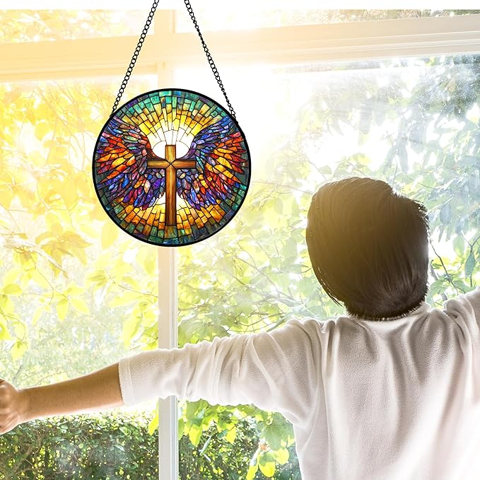 Stained Glass Window Hanging - Jesus Cross Wings Suncatcher Ready to Hang Window Doors Home Decoration and Christmas, Mother's Day Birthday Gifts for Women, Men, and Mom 11.8x11.8 in