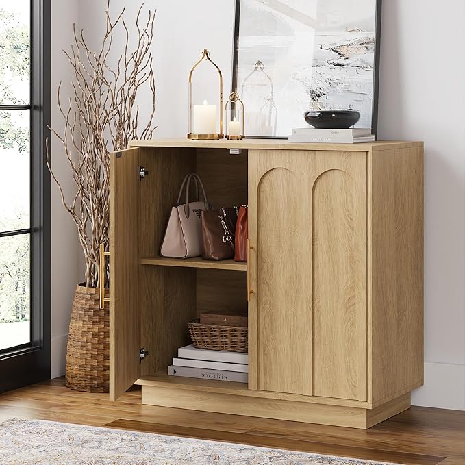FORTUNETEC Sideboard Buffet Cabinet with Storage, Modern Accent Cabinet with Arched Doors, Boho Modular Media Console, 31.5" Minimalist Credenza for Living Room Kitchen Dining Room Entryway, Oak