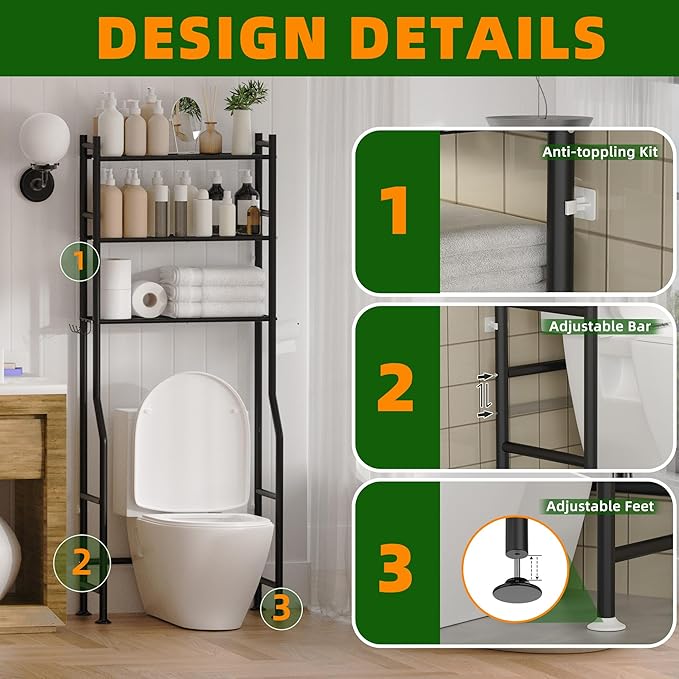 3-Tier Over Toilet Storage with Anti-Tilt Safety System - 150lb Total Capacity Metal Bathroom Shelves Including Paper Holder & 4 Hooks, Space Saving Above Commode Organizer (64" H, Black)