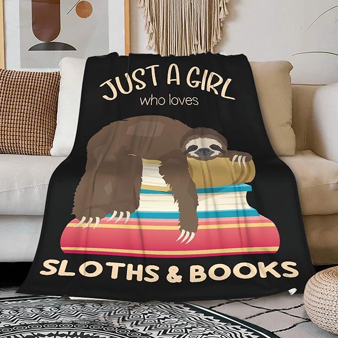 Just a Girl Who Loves Sloths and Books Blanket Lightweight Cozy Flannel Fleece Throw Blanket Best Gift Home Decor for Bed Couch Outdoor Camping 120"x90" King for Family