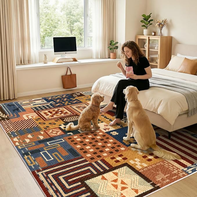 9x12 Southwestern Patchwork Large Area Rug, Geometric Tribal Colorful Rugs for Living Room, Non-Slip Stain Resistant Washable Indoor Carpet for Bedroom, Entryway, Dining Room, Home Office Decor