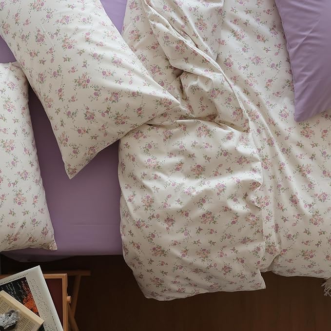 LifeTB Vintage Pink Floral Duvet Cover Queen Soft 100% Cotton Girls Cottagecore Bedding Set Cute Peach Flower Comforter Cover with Zipper Closure Vintage Country Bedding Botanical Duvet Cover Queen