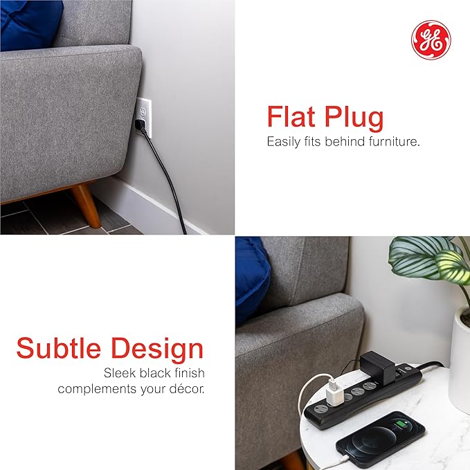 GE Surge Protector Power Strip, 15 Ft Extension Cord, 6 Outlet Extender, 800 Joules, Flat Plug, Twist-to-Close Safety Covers, ETL Listed, Black, 50767