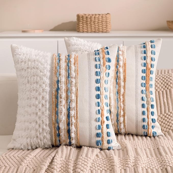 KOOLIFE Boho Chenille Tufted Couch Throw Pillow Covers 18x18 Inch Set of 2 Farmhouse Striped Decorative Pillow Covers Accent Neutral Pillowcase Caramel Brown Blue Cushion Cover for Livingroom Sofa Bed