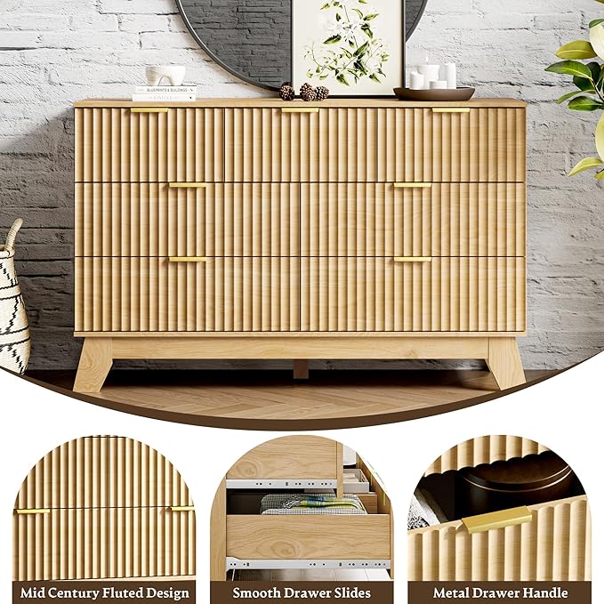 HUANLEGO Fluted Dresser for Bedroom with 7 Drawer, Mid Century Modern Chest of Drawers, 48" Wide Natural Wood Dresser for Closet, Wooden Boho Chest Closet Storage TV Stand for Bedroom, Nature