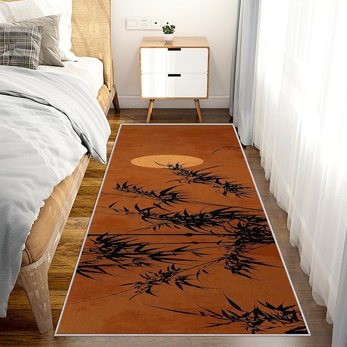 Oriental Bamboo Runner Rug 2x6, Full Moon Sunset Design, Asian Zen Nature Area Rug Washable Hallway Rugs Non-Slip Floor Carpet Runner for Bedroom, Narrow Hallway, Kitchen Aisle