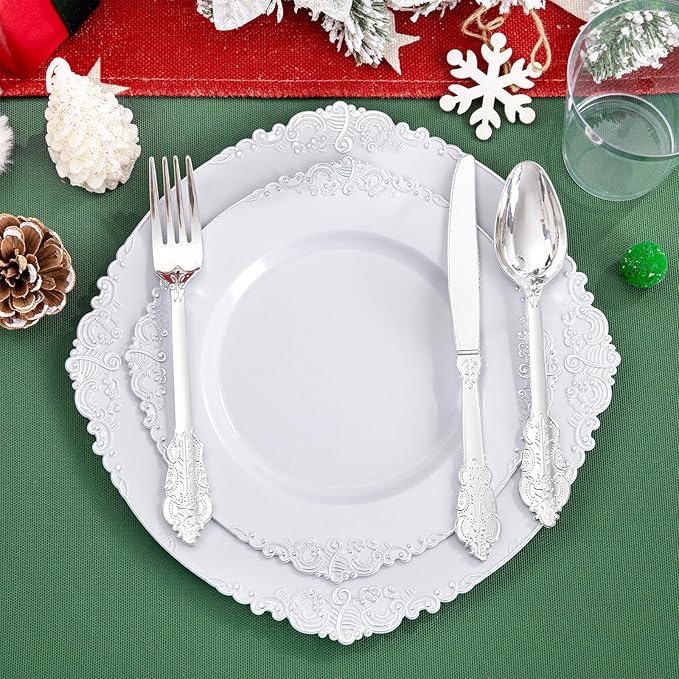 Liacere 350PCS Silver Plastic Plates&Pre Rolled Napkins for 50 Guests - Plastic Dinnerware Sets 100Silver Disposable Plates, 150Silver Silverware, 50Cups and 50Napkins for Wedding