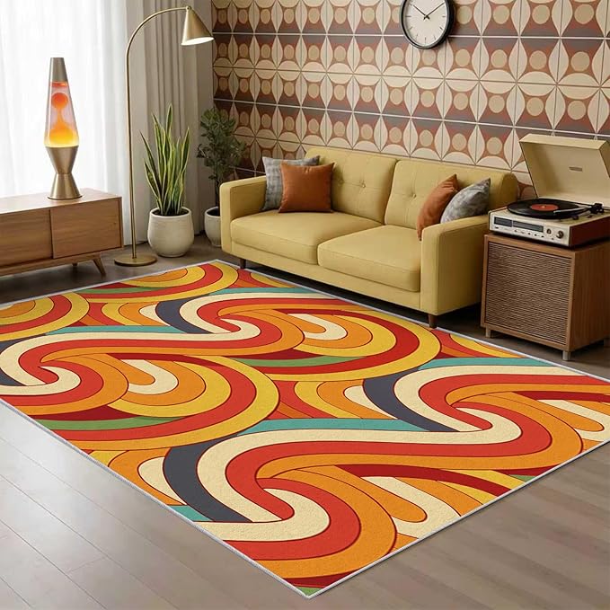 70s Retro Rug 7x9 Abstract Striped Groovy Hippie Pattern Area Rugs for Living Room, Bedroom, 70s Retro Home Decor Accessories Indoor Carpet, Non Slip & Machine Washable, GD0330