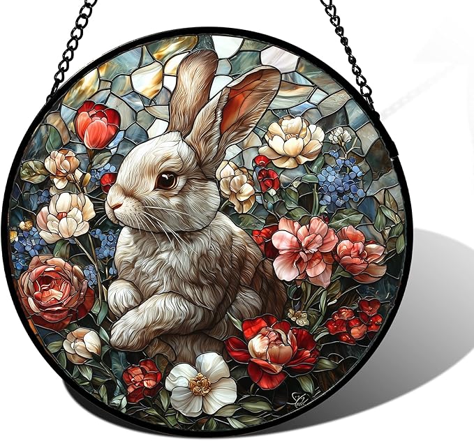 Stained Glass Window Hanging - Cute Rabbit Flowers Suncatcher Ready to Hang Window Doors Home Decoration, Christmas, Mother's Day Birthday Gifts for Women, Men, and Mom11.8x11.8 in