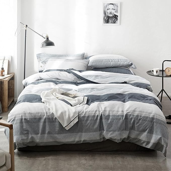 LifeTB Striped Comforter Set King Size, Blue Grey Stripes Pattern Printed Bedding Set, 3 Pieces Lightweight Bedding Comforter Set, Stripe Soft Fluffy Bed Set King Comforter with 2 Pillowcases