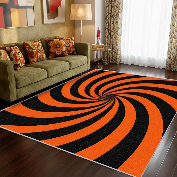 70s Rug 6x8 Swirl Abstract Black Orange Striped Pattern Area Rugs for Living Room, Bedroom, 70s Home Decor Accessories Indoor Carpet, Non Slip & Machine Washable, GD0378