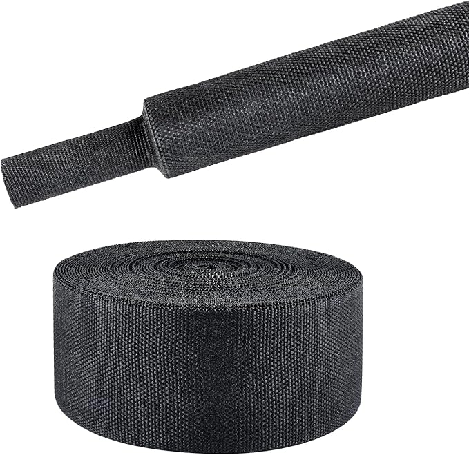 Black 2:1 Ratio Automotive Heat Shrink Braided Sleeving,Wear-Resistant Flat Woven Shrinkable Sleeve Fabric Car Cable Wires Hoses Protection (1-3/8"-26ft)