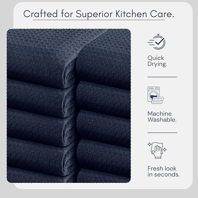 TWINY threads Kitchen Towels Set of 4, 16x26 Inches, 100% Soft Cotton Waffle Weave Dish Towels, Absorbent Tea Towels with Hanging Loop, Washable Reusable Cloths for Cleaning and Dining, Navy