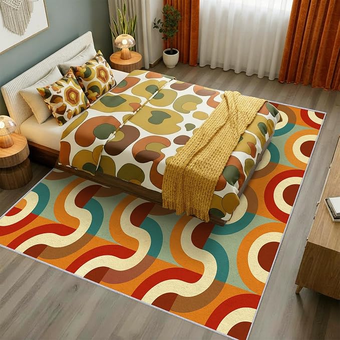 70s Retro Rug Large 8x10 Checkboard Striped Groovy Pop Pattern Area Rugs for Living Room, Bedroom, 70s Retro Home Decor Accessories Indoor Carpet, Non Slip & Machine Washable, GD0363