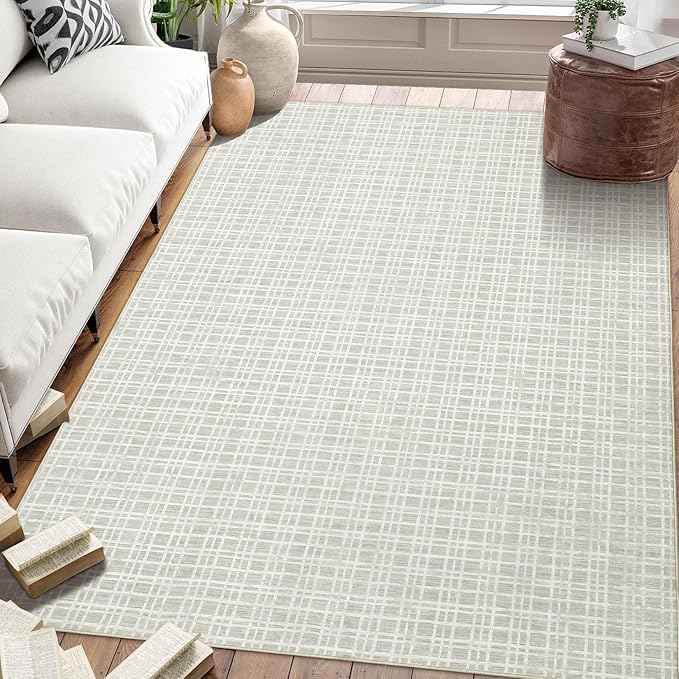 Washable Area Rug 5x7 Rug for Living Room Modern Large Area Rug for Bedroom Aesthetic Non Slip Throw Rugs Soft Faux Wool Low Pile Stain Resistant Carpet for Dining Room 5'x7' Light Grey