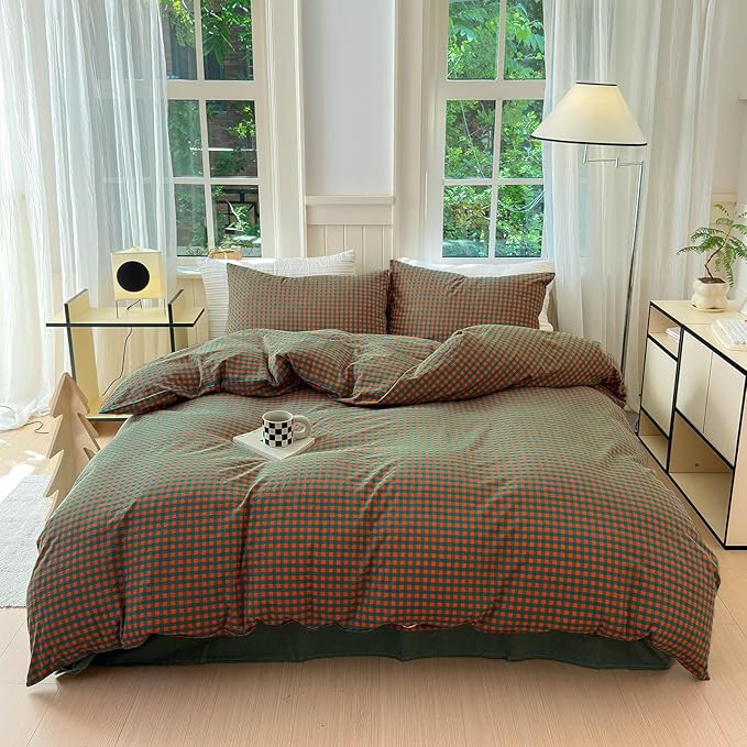 LifeTB Gingham Comforter Set Full Modern Style Orange Green Plaid Grid Comforter Soft Fluffy 3 Pieces Checkered Pattern Comforter Set Farmhouse Gingham Bedding Comforter with 2 Pillowcases