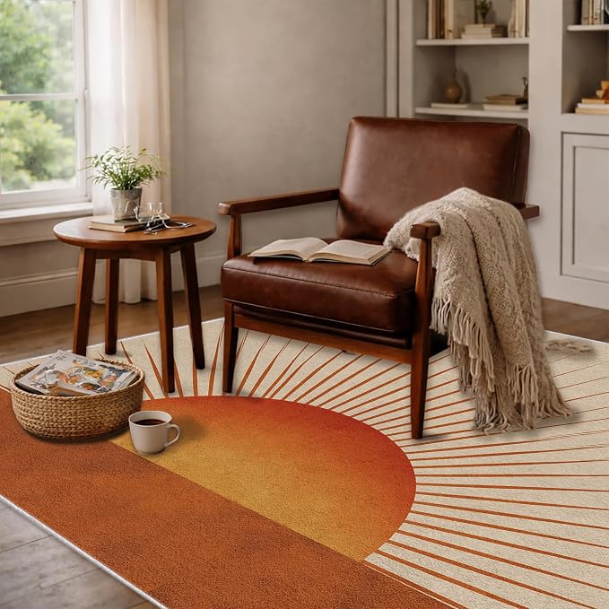 Sunburst Area Rug 7x9, Retro Sun Design Rug, Mid Century Modern Carpet for Living Room Bedroom, Soft Non Slip Washable Area Rug