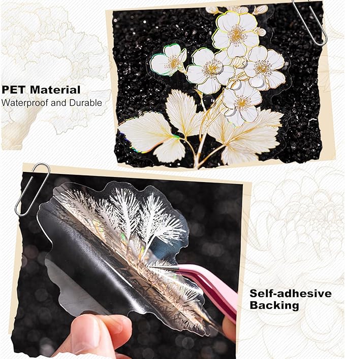 AuriicLeaf Floral PET Stickers – 60 Foil-Stamped Self-Adhesive Flower Designs Waterproof Transparent Stickers for Scrapbooking Journaling DIY Crafts and Decoration