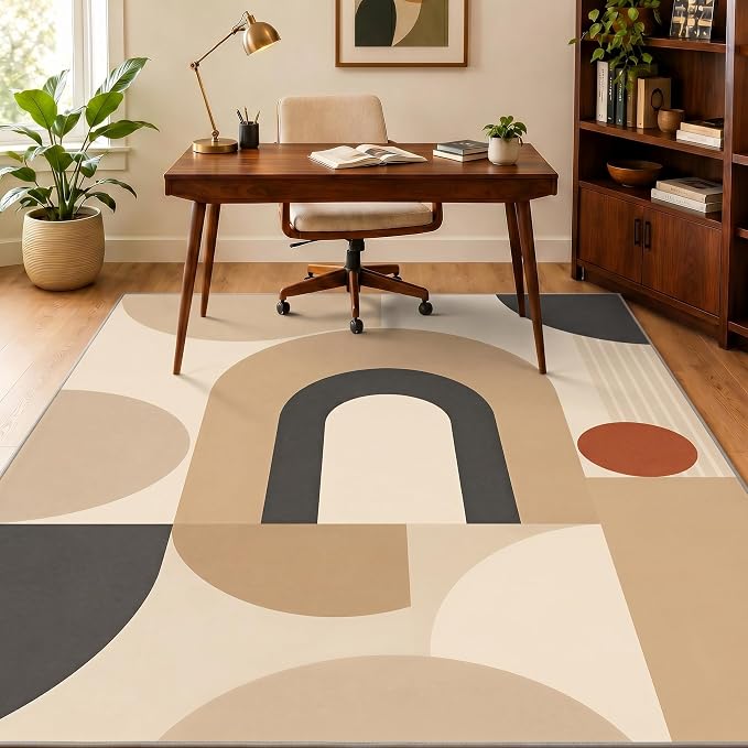 Mid Century Area Rug 4x6, Home Decor | Neutral Cream Black Geo Arc, Abstract Geometric Rug for Living Room, Bedroom, Home Office, Non Slip, Washable, Low Pile