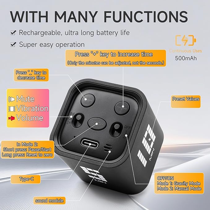 Exlliy Rotating Productivity Timer 5, 10, 30, 60 Minutes Preset, Desk Cube w/Gravity Sensor for ADHD, Mute Functions, Ideal for Work, Study, Kitchen, Back to School (Black)