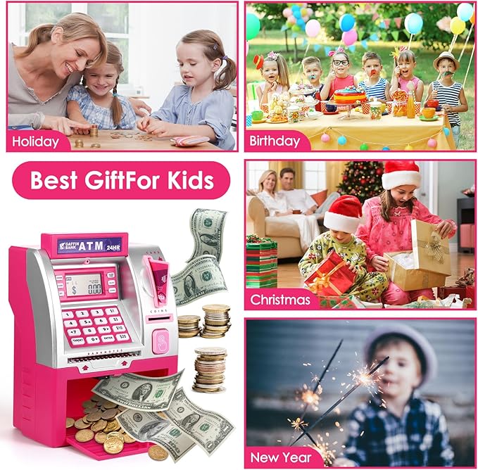 ATM Piggy Bank with Card and Password, Electronic Savings Bank Machine for Real Money, Mini ATM Coin and Cash Deposit Box with Target Setting, Clock and Sound – Pink Dollar Edition