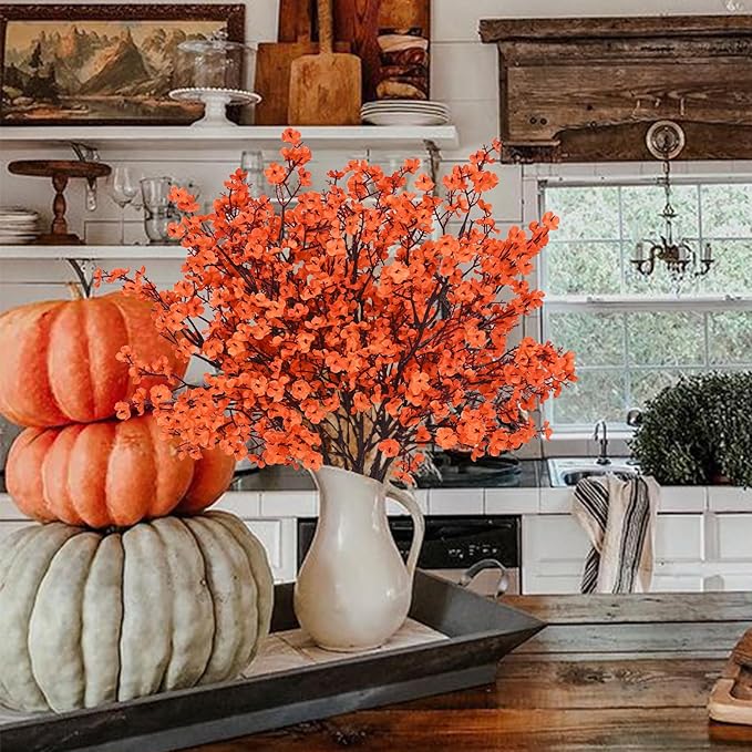 Yastouay Fake Fall Flowers Thanksgiving Table Decor, 5Pcs Fall Orange Faux Artificial Flowers for Decorations, Babys Breath Artificial Flowers Bulk for Thanksgiving Fall Decor Floral Arrangement
