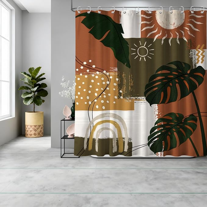 Small Stall Narrow Mid Century Modern Shower Curtain Abstract Stand Up Tropical Leaf Shower Curtains for Rv Camper Bathroom Decor Sets, Waterproof Cloth Fabric with Hooks, 36 x 72 Inch