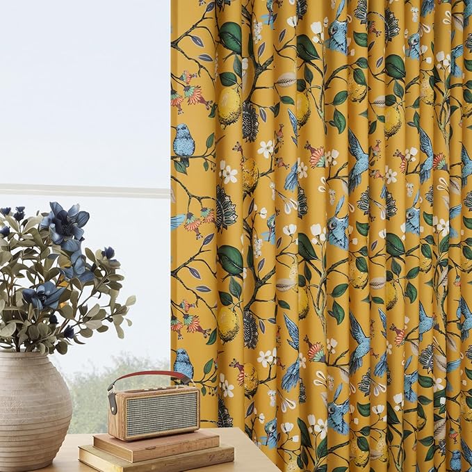 Mustard Yellow Vintage Floral Curtains 84 Inches Long for Living Room Bedroom Luxury Whimsical Lemon Hummingbird Patterned Waverly Mid Century Colorful Pinch Pleated Blackout Drapes 2 Panels