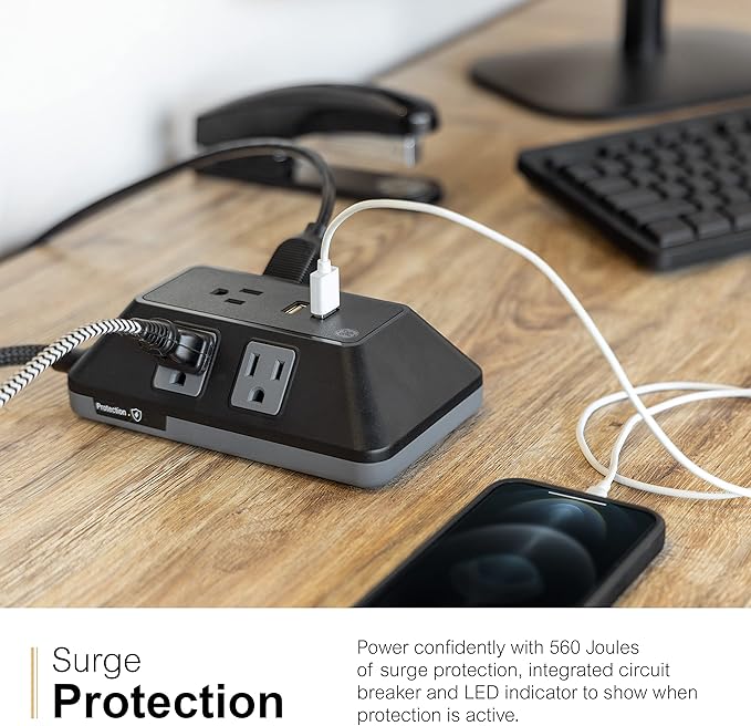 GE UltraPro Adapt 5-Outlet Surge Protector with USB Ports, 2 USB-A Ports, 2.4A, 3ft Braided Cord Power Strip Surge Protector, 560 Joules, Black, 73777