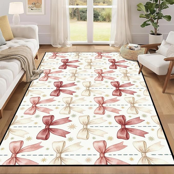 Pink Bowknot Area Rug 5'x7' Watercolor Coquette Aesthetic Non-Slip Washable Carpet for Bedroom Living Room Nursery Kitchen Playroom Home Decor Soft Low Pile Floor Mat