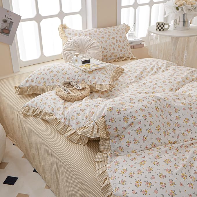 Floral Ruffle Duvet Cover King Chic Floral Lace Duvet Cover 100% Cotton Flower Bedding Set Romantic Ruffle Comforter Cover Vintage Garden Style Botanical Duvet Cover Girls Princess Bedding Set King