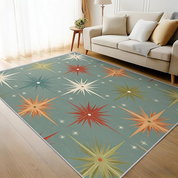 Mid Century Modern Rugs for Living Room Decor, 3x5 ft, Retro Atomic Geometric Area Rugs for Bedroom, Soft Non Slip Washable 1950s MCM Starburst Carpet Home Decorations D-g48