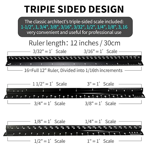 Rena Chris 2PCS Architectural Scale Ruler: 12" Imperial Aluminum Triangular Scale Ruler, Laser-Etched Architecture Ruler, Drafting & Architect Ruler for Architects, Students, Draftsman(Black)