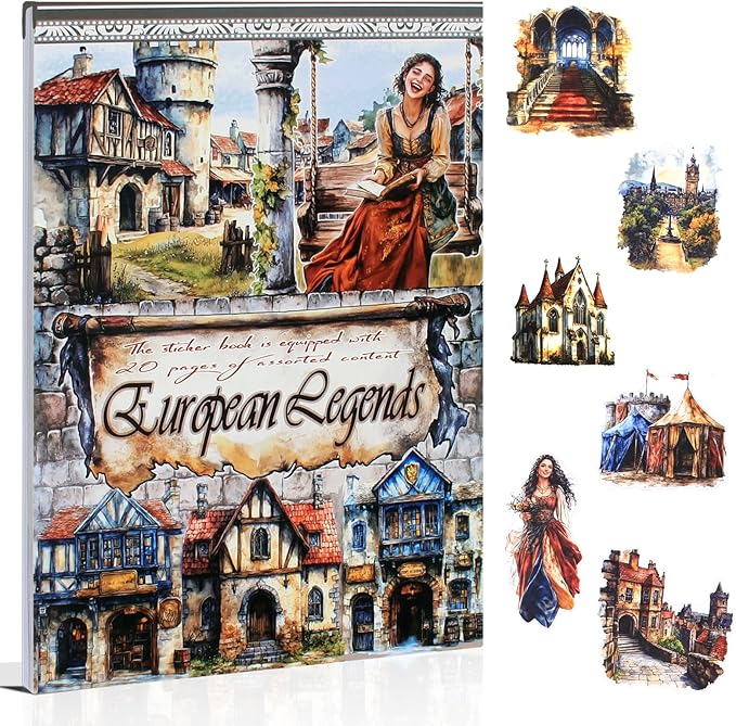 Dwpetzo Medieval European Theme Precut Journaling Sticker Book, Vintage Collage Stickers Ephemera for Junk Journals Supplies, Scrapbooking, Scrap Book, Assorted PET Washi Paper Materials, 20 Sheets