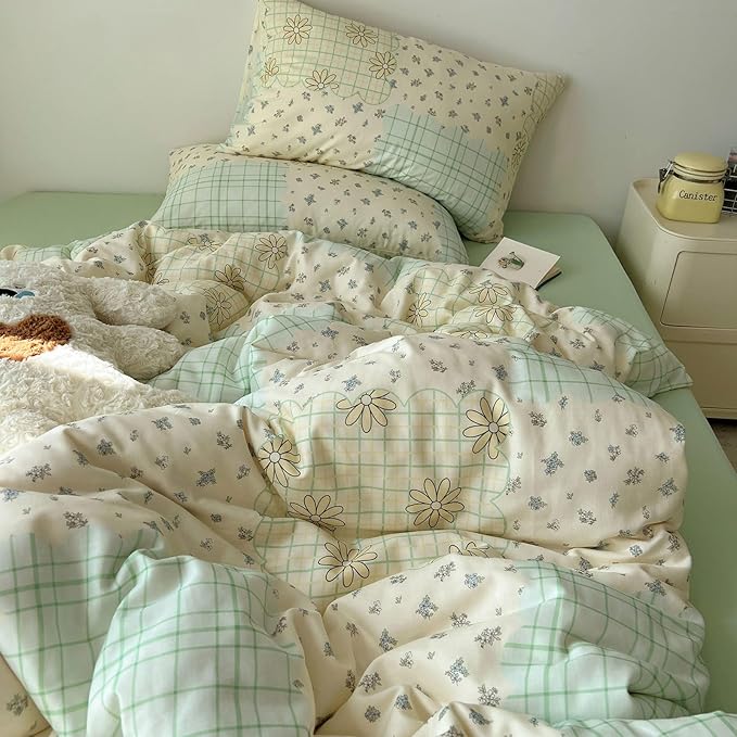 LifeTB 100% Cotton Muslin Duvet Cover Twin Aesthetic Floral Comforter Cover with Botanical Flower Cute Plaid Design Ultra Soft Cottagecore Bedding Set Breathable Gauze Duvet Cover with 2 Pillowcases