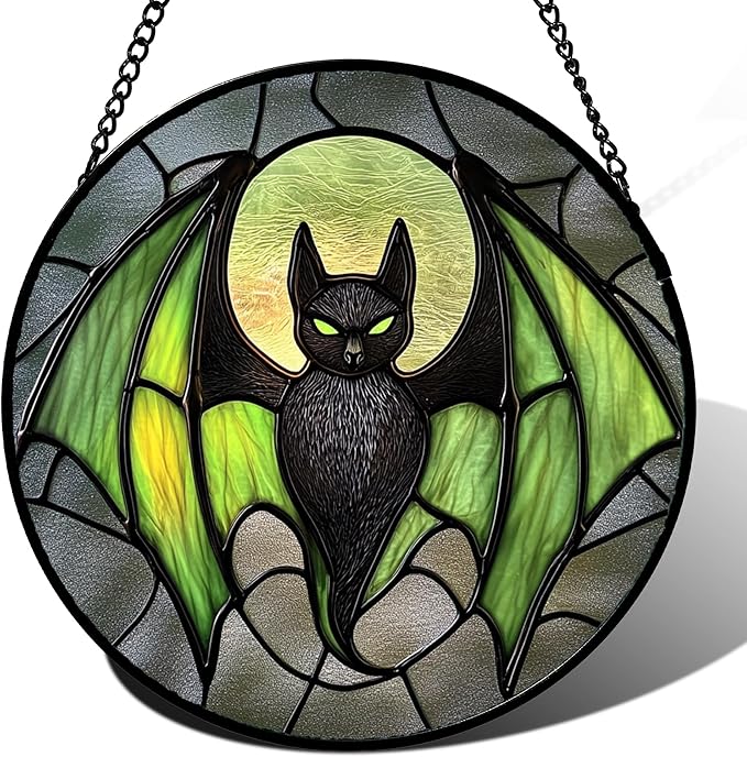 Stained Glass Window Hanging - Halloween Black Bat Green Wings Monster Suncatcher for Doors Garden Home Spooky Sun Catchers Gothic Decor Horror Gift for Women Men Friend Boy Girl 9.8 in