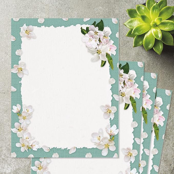 Current White Spring Bloom Floral Letter Paper - Spring Stationery Papers With Decorative Bloom Border, Printable Holiday, Wedding & Bridal Shower, & Invitation Sheets, Set of 25, 8 1/2" x 11"