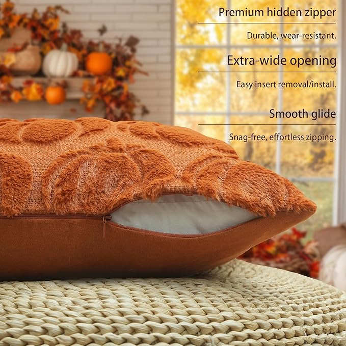 GEEORY Fall Pillow Covers 18 x 18 Inch Set of 2, Fall Decorations Pumpkins Soft Plush Fluffy Faux Fur Wool Decorative Autumn Thanksgiving Farmhouse Cushion Case for Sofa Orange GC021-18