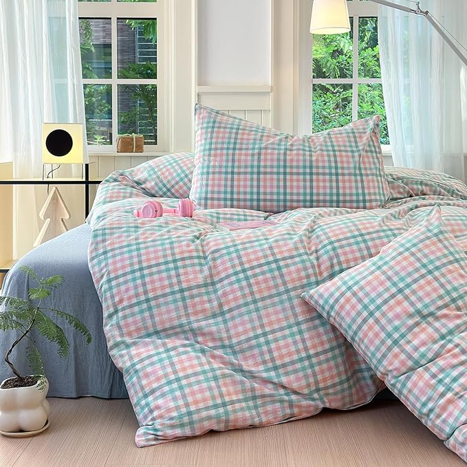 LifeTB Gingham Comforter Set Full Size Colorful Plaid Checkered Pattern Comforter Geometric Grid Plaid Printed Bedding Comforter Set with 2 Pillowcases Luxury Soft Fluffy Gingham Bedding Set Full