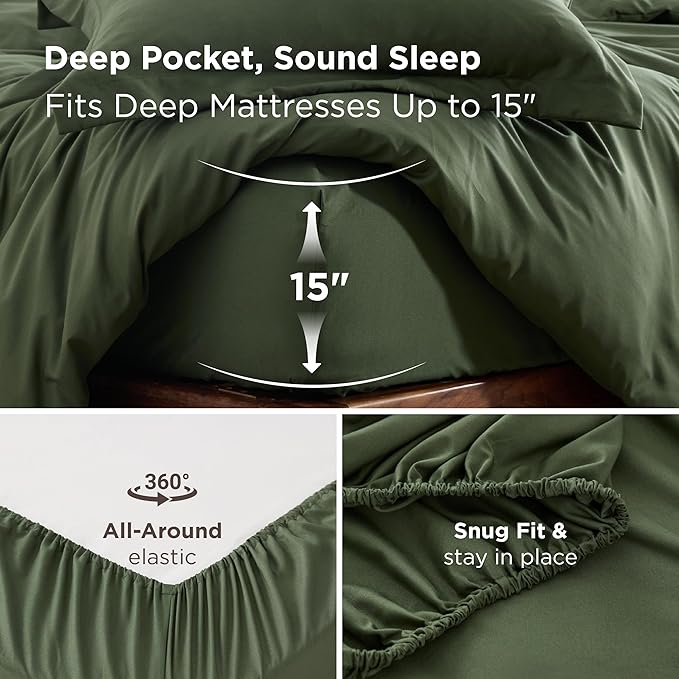 Bedsure Duvet Cover with Fitted Sheet King - Warm Deep Pocket, Hotel Luxury Soft Double Brushed Bedding Set with Zipper Closure, 1 Duvet Cover, 1 Fitted Sheet, 2 Pillow Shams, NO Comforter, Green