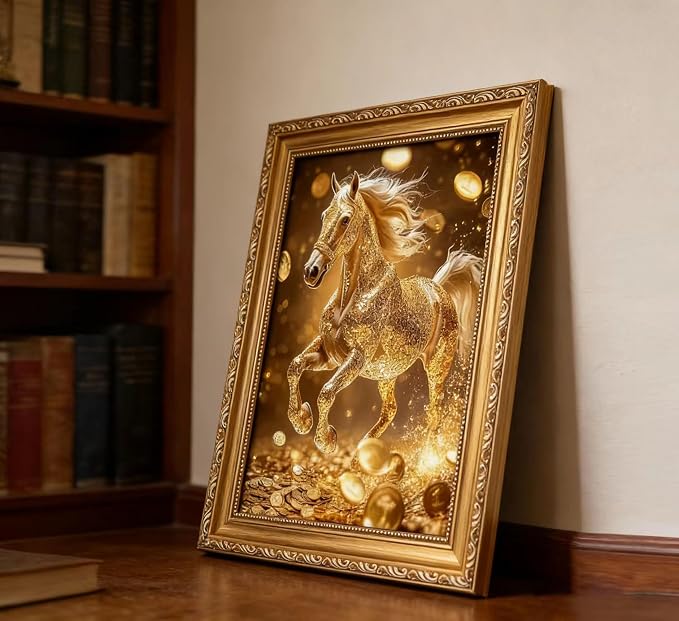 Vintage Gold Framed Gold Horse wall art Golden Money and Horse Wall Decor Wealth and Horses print artwork for office Business People Living Room home decor 16X24in