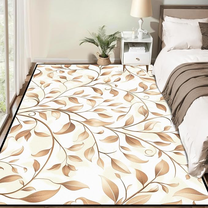 Botanical Leaf Vine Area Rug Beige Floral Branch Print Rug for Bedroom Living Room Kitchen Nursery Playroom Home Decor Non-Slip Washable Floor Mat Modern Farmhouse Carpet,6'x9'