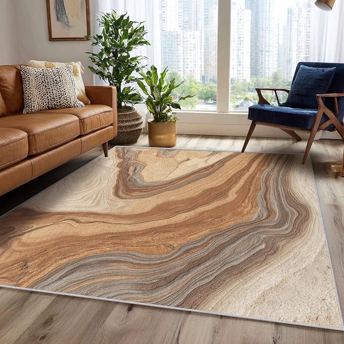Beige Marble Streak Area Rug, Brown Gray Abstract Pattern Carpet, Washable Non Slip Low Pile Soft Thin, Living Room Bedroom Home Decor Mat 5x6ft
